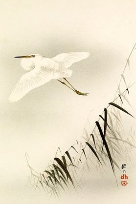 19th-century painting of an egret flying over bamboo by an unknown Chinese artist